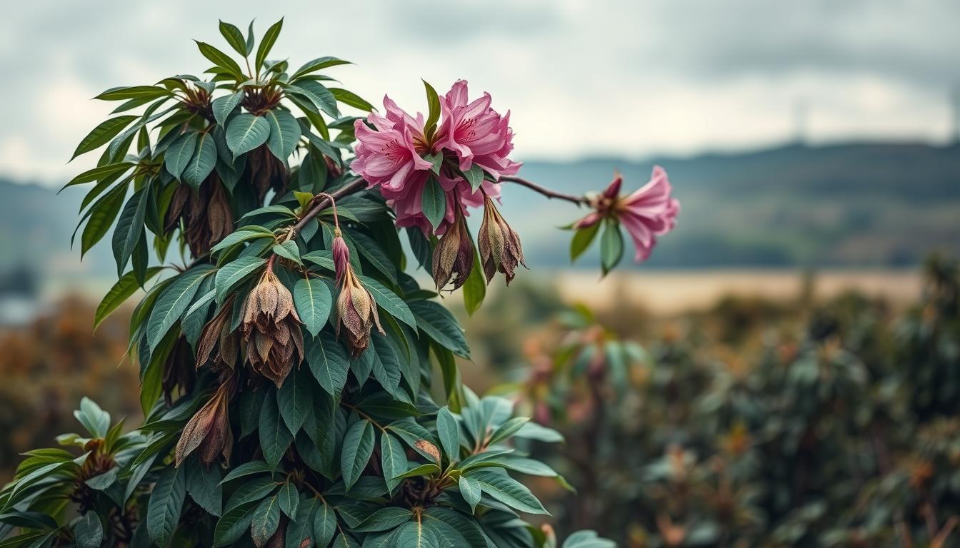 Rododendron oklapnięte liście